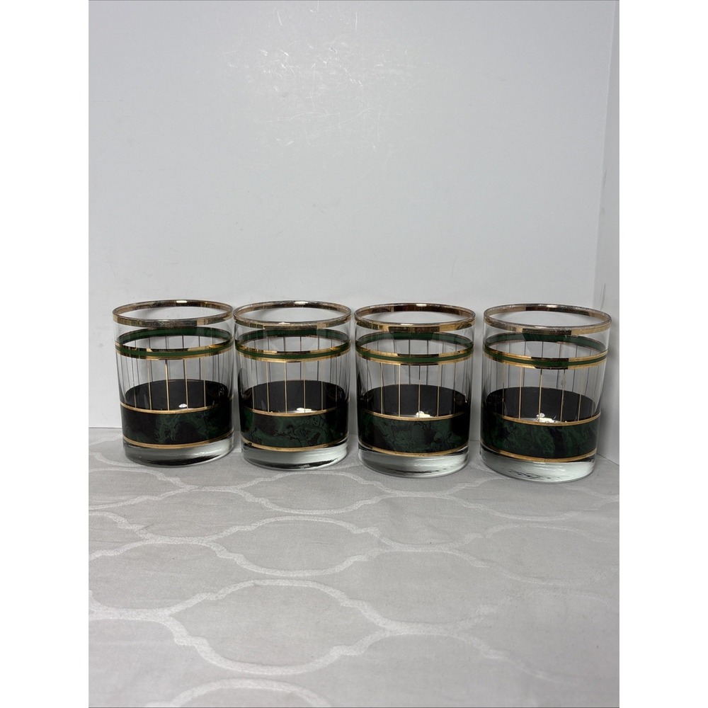Vintage Culver Cocktail Glasses Green Marbled Gold On The Rocks Set Of 4